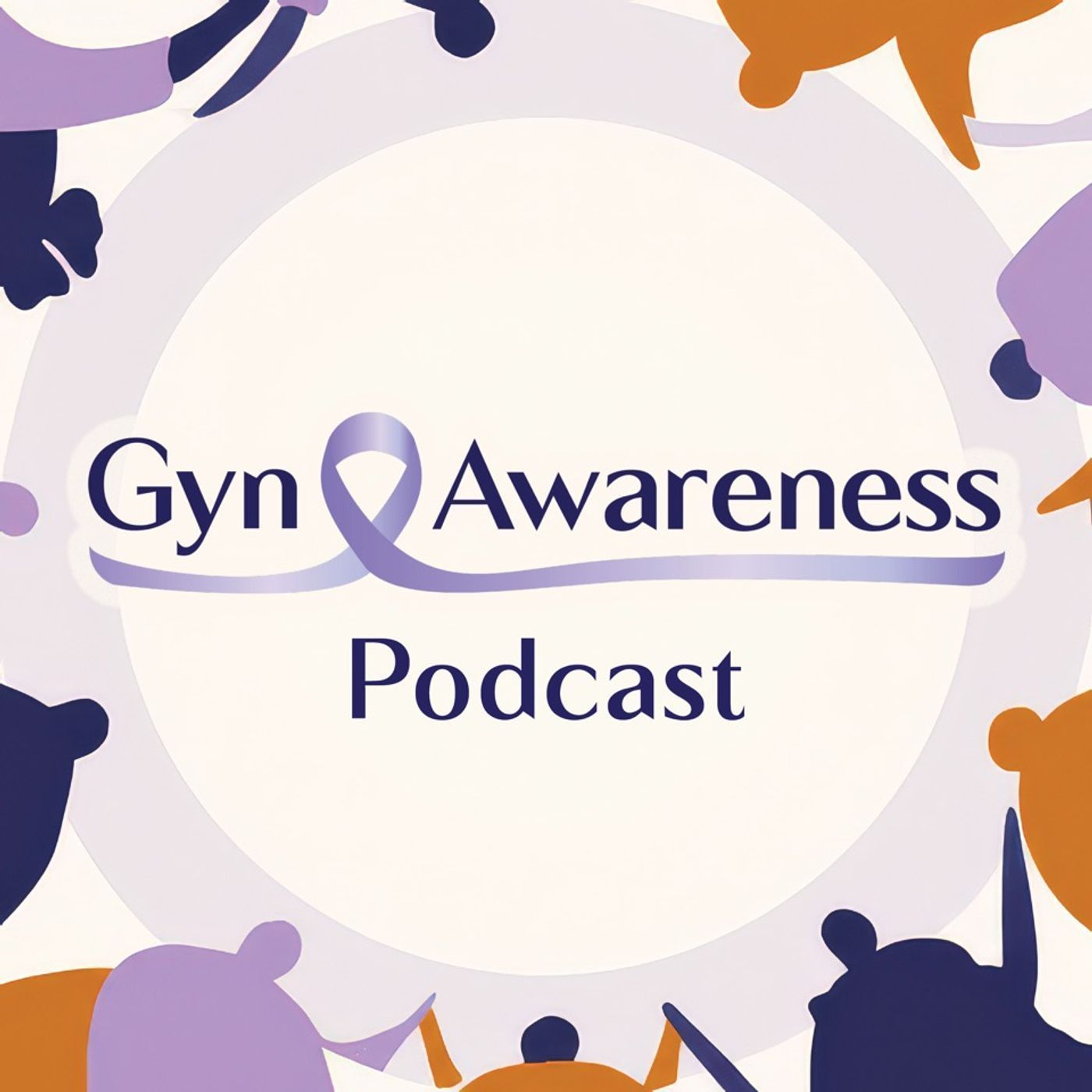 Gynawareness Podcast cover, purple ribbon awareness emblem on illustrated background